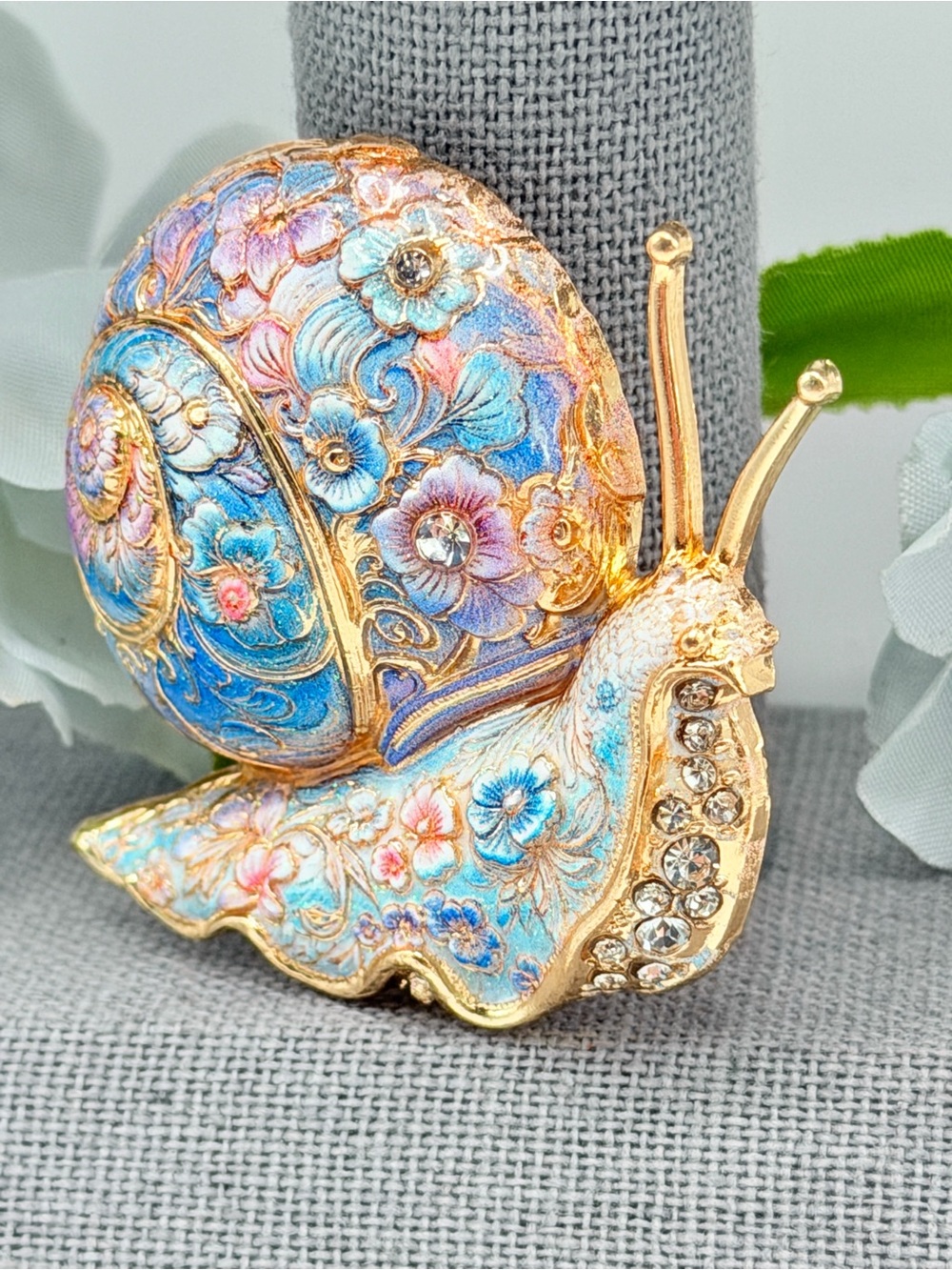 Pastel Floral Snail Brooch w/Rhinestones